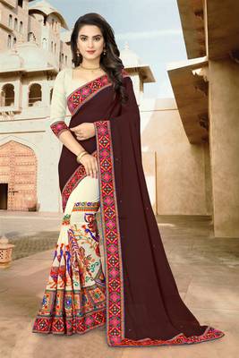 brown embroidered georgette saree with blouse 1