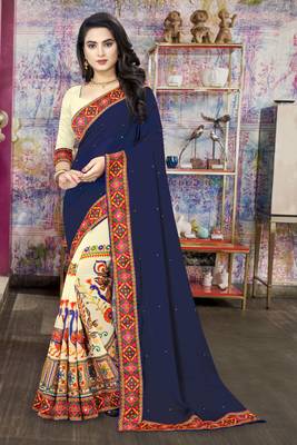 blue embroidered georgette saree with blouse 1