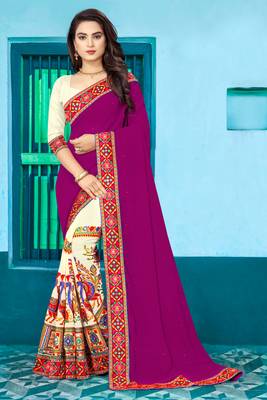 purple embroidered georgette saree with blouse 1