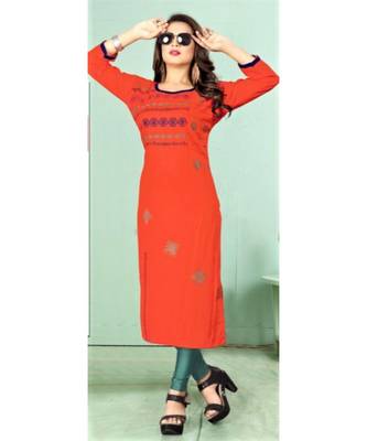 Orange Rayon quarter Sleeves  Solid Womens Kurta 1