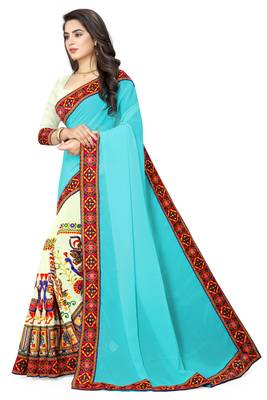 blue embroidered georgette saree with blouse 2