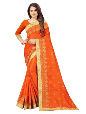 orange embroidered silk saree with blouse 1