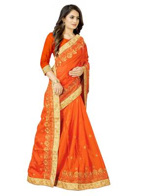 orange embroidered silk saree with blouse 3