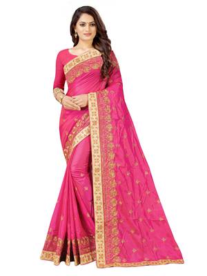 pink embroidered silk saree with blouse 1