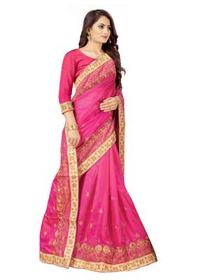pink embroidered silk saree with blouse 3
