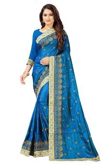blue embroidered silk saree with blouse