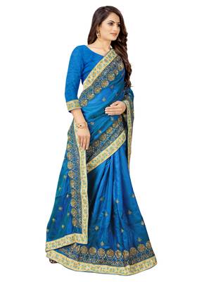 blue embroidered silk saree with blouse 3
