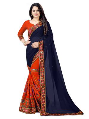 blue embroidered georgette saree with blouse 1