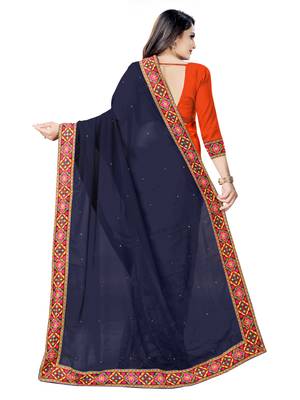 blue embroidered georgette saree with blouse 4