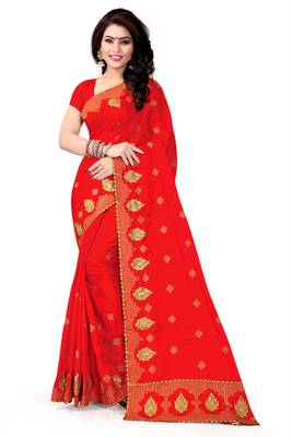 red embroidered silk saree with blouse 1