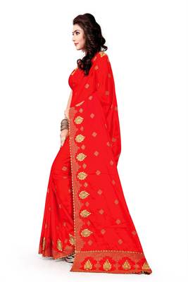 red embroidered silk saree with blouse 2