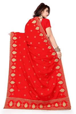 red embroidered silk saree with blouse 3