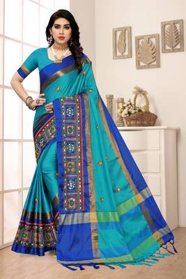 blue embroidered cotton_silk saree with blouse 1