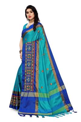 blue embroidered cotton_silk saree with blouse 2