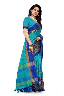 blue embroidered cotton_silk saree with blouse 3