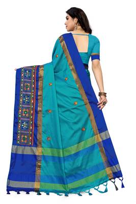 blue embroidered cotton_silk saree with blouse 4