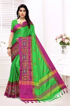 green embroidered cotton_silk saree with blouse