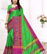 green embroidered cotton_silk saree with blouse