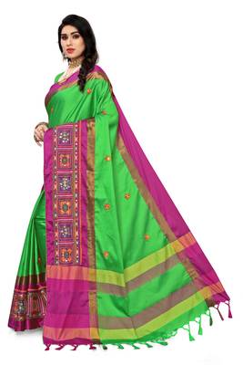 green embroidered cotton_silk saree with blouse 2