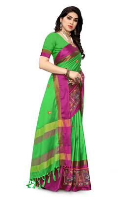 green embroidered cotton_silk saree with blouse 3