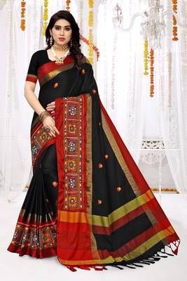 black embroidered cotton_silk saree with blouse 1