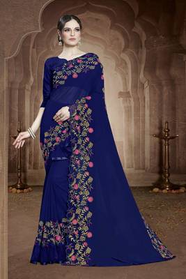 Blue embroidered georgette saree with blouse 1