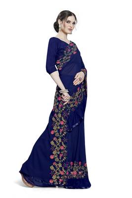 Blue embroidered georgette saree with blouse 3