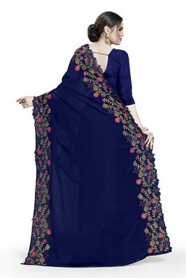 Blue embroidered georgette saree with blouse 4