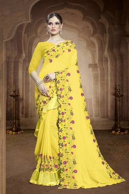 yellow embroidered georgette saree with blouse 1