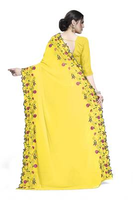 yellow embroidered georgette saree with blouse 4