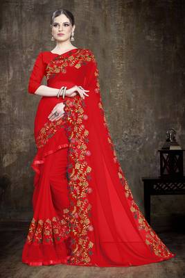 red embroidered georgette saree with blouse 1