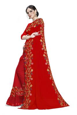 red embroidered georgette saree with blouse 2