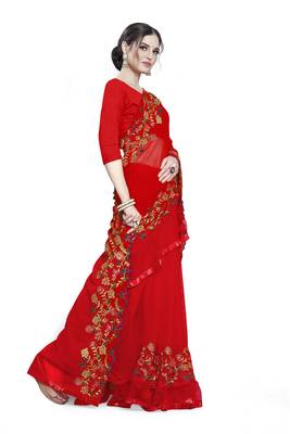 red embroidered georgette saree with blouse 3