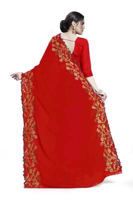 red embroidered georgette saree with blouse 4
