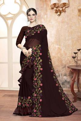 brown embroidered georgette saree with blouse 1