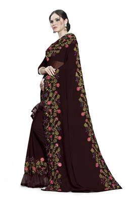 brown embroidered georgette saree with blouse 2