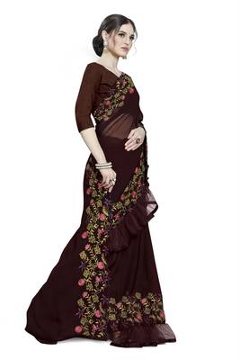 brown embroidered georgette saree with blouse 3