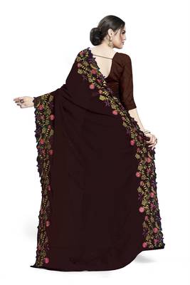 brown embroidered georgette saree with blouse 4