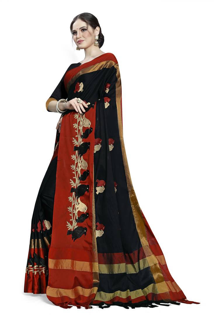 black embroidered cotton_silk saree with blouse