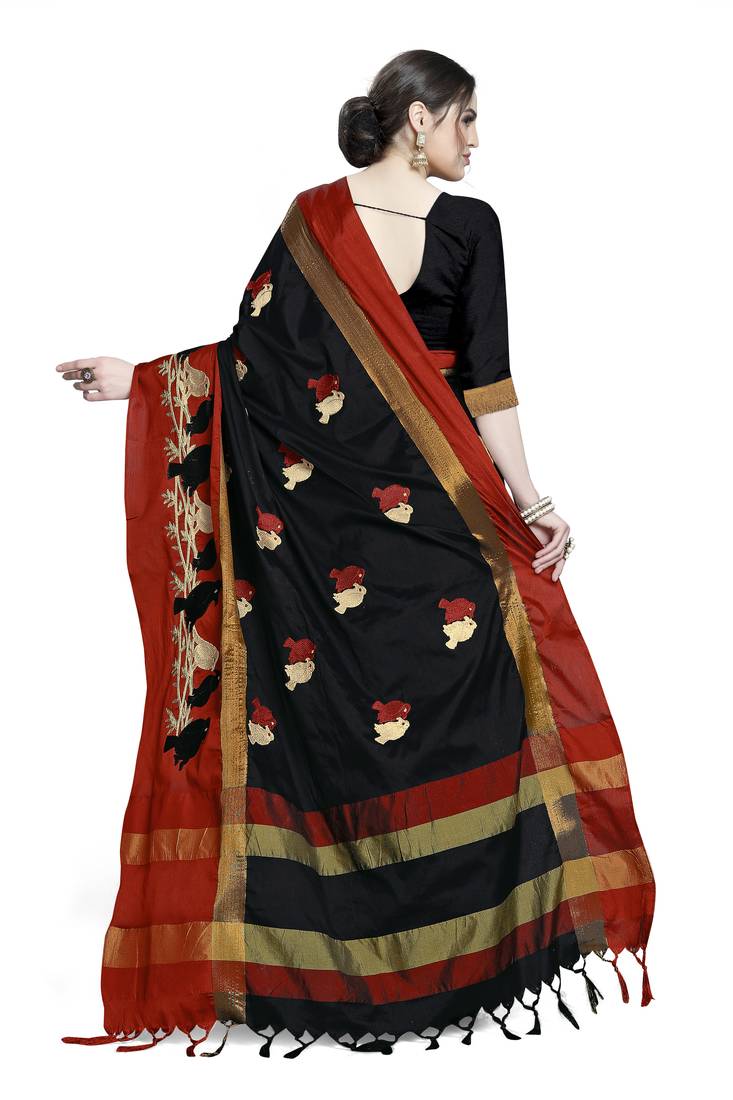 black embroidered cotton_silk saree with blouse