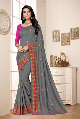 grey embroidered georgette saree with blouse 1