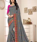 grey embroidered georgette saree with blouse