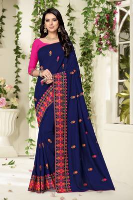 blue embroidered georgette saree with blouse 1