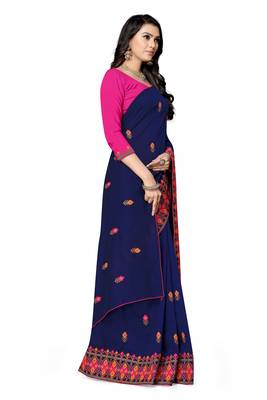 blue embroidered georgette saree with blouse 3