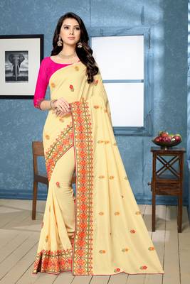beige embroidered georgette saree with blouse 1