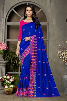 blue embroidered georgette saree with blouse 1