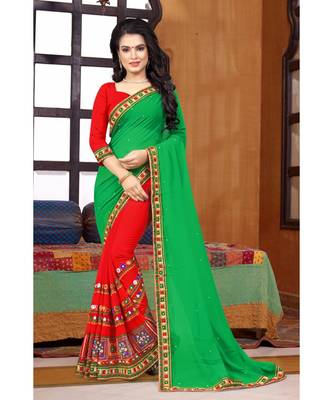 green embroidered georgette saree with blouse 1