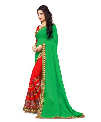 green embroidered georgette saree with blouse 2