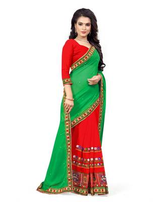 green embroidered georgette saree with blouse 3