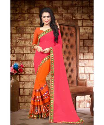 orange embroidered georgette saree with blouse 1